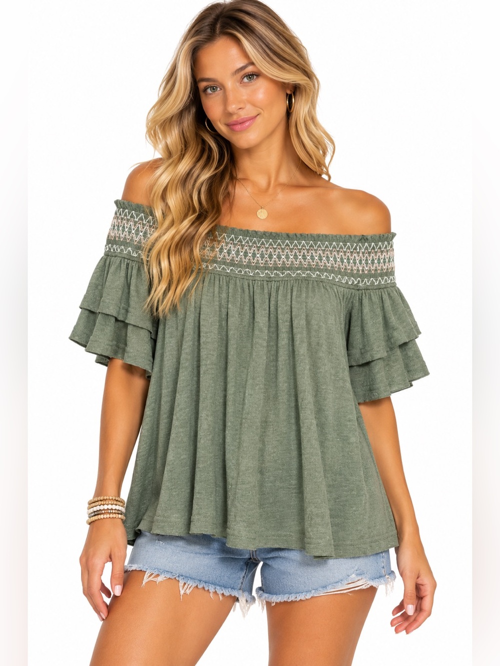 Easel NWT Size Medium Off-Shoulder Ruffle Sleeve Top in Olive Green